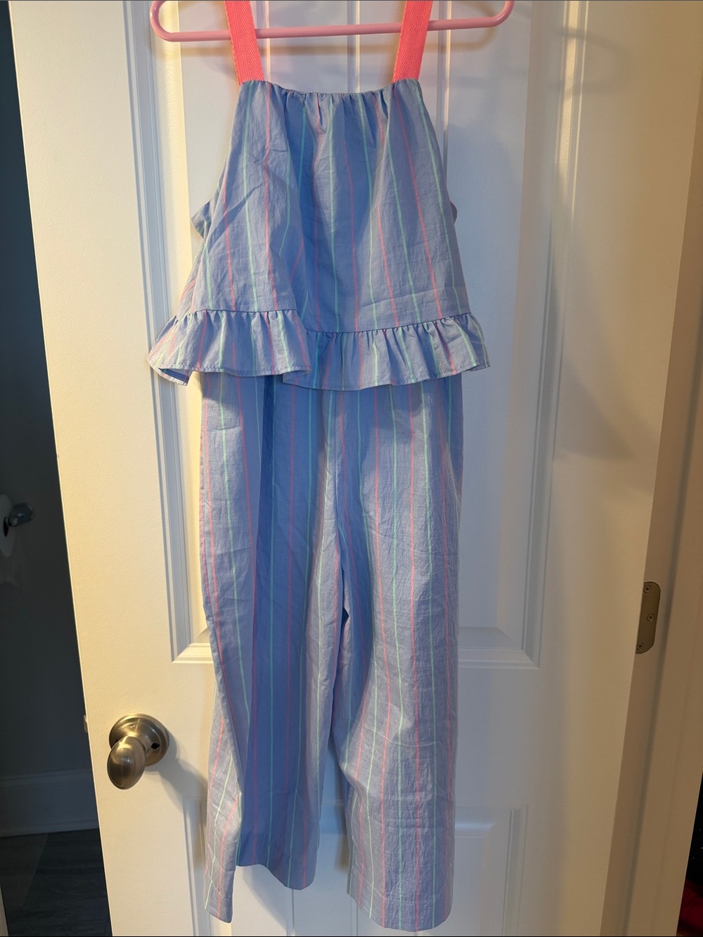 Zara Blue Striped Ruffle Romper with Pink Straps